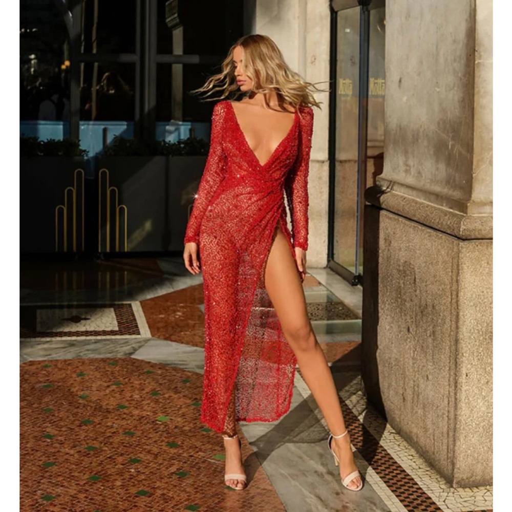 Gold couture red beaded long sleeve high slit dress small 2 sexy Christmas prom